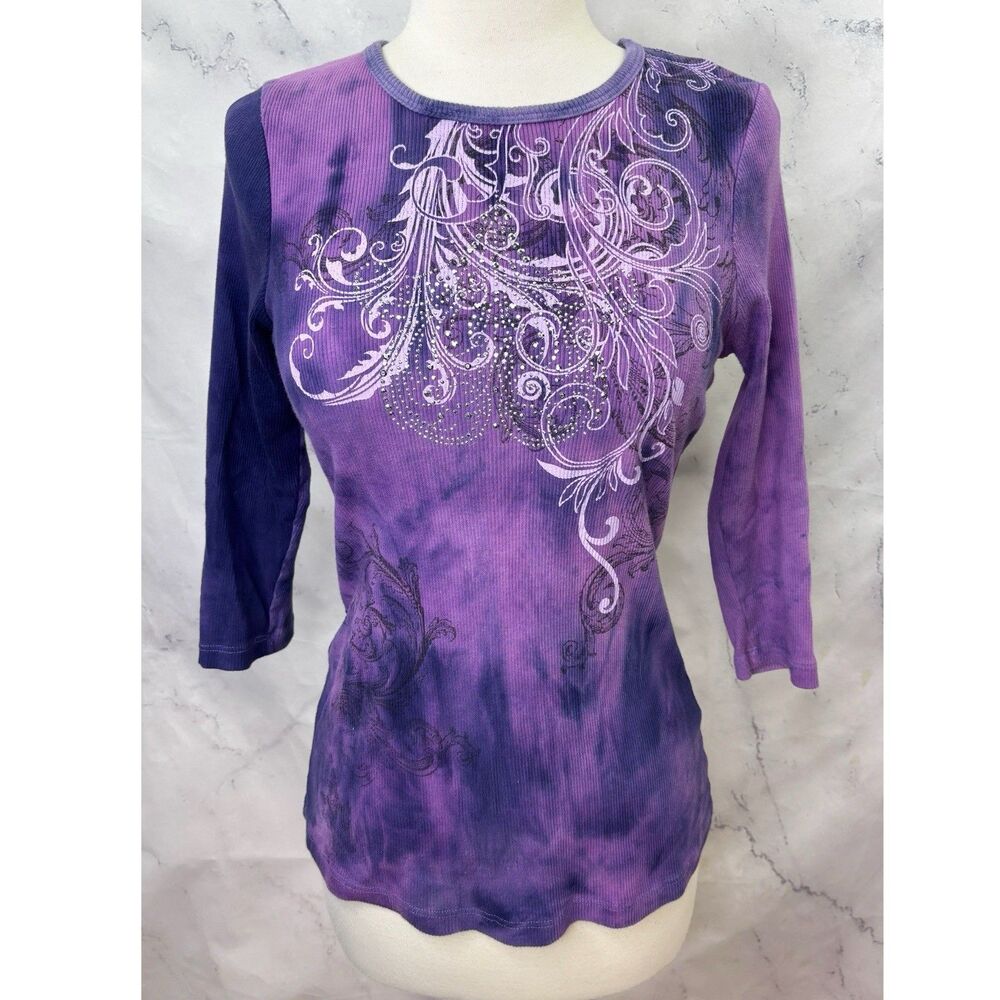 Vintage Y2K 90s Suzie Purple Ribbed Top Shirt S Graphic Sparkle Bling Nostalgia